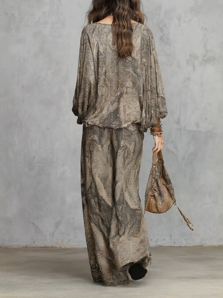 Top a maniche lantern in fantasia paisley grigia e pantaloni a gamba larga