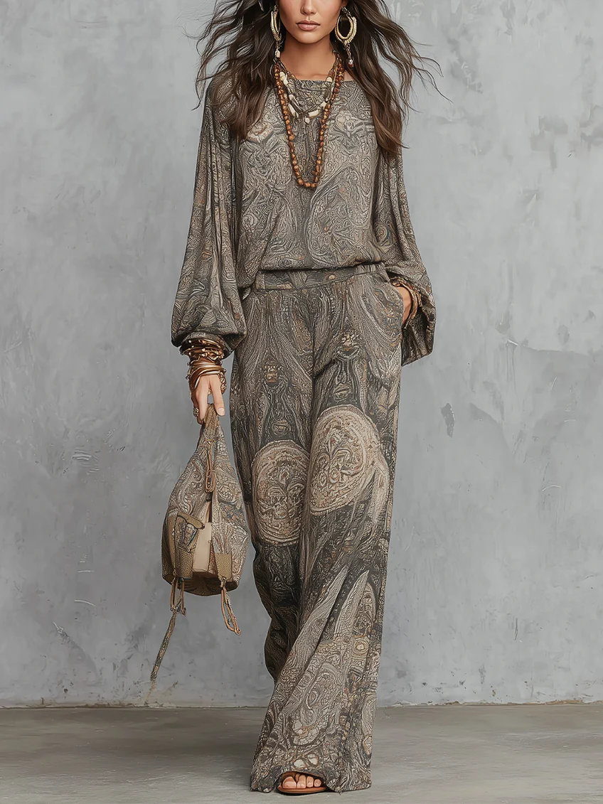 Top a maniche lantern in fantasia paisley grigia e pantaloni a gamba larga