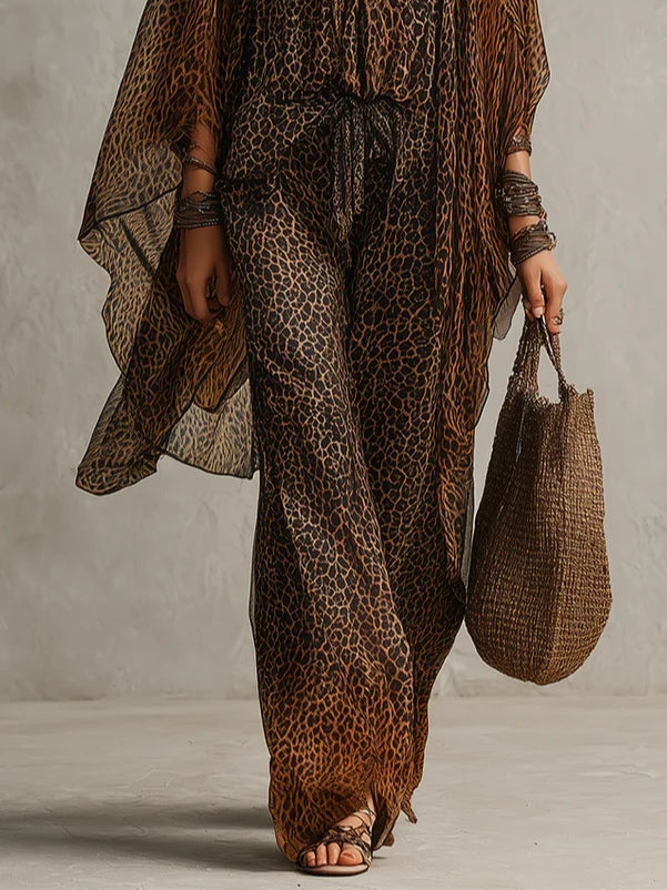 Set di Accappatoio Fluttuante a Stampa Leopardo Gradient Bohemien Tre Pezzi