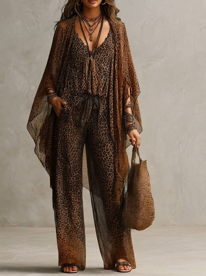 Robe Fluttuante a Stampa Leopardo Gradient Bohemien Set Tre Pezzi