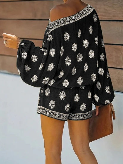 Jumpsuit con Maniche a Lanternino e Spalle Scoperte in Stampa Barocca