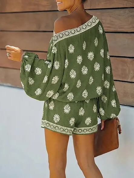 Jumpsuit con Maniche a Lanternino e Spalle Scoperte in Stampa Barocca
