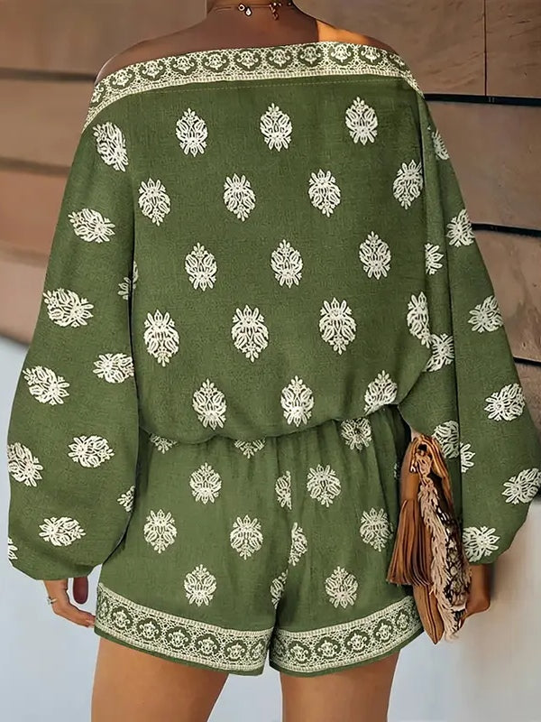 Jumpsuit con Maniche a Lanternino e Spalle Scoperte in Stampa Barocca