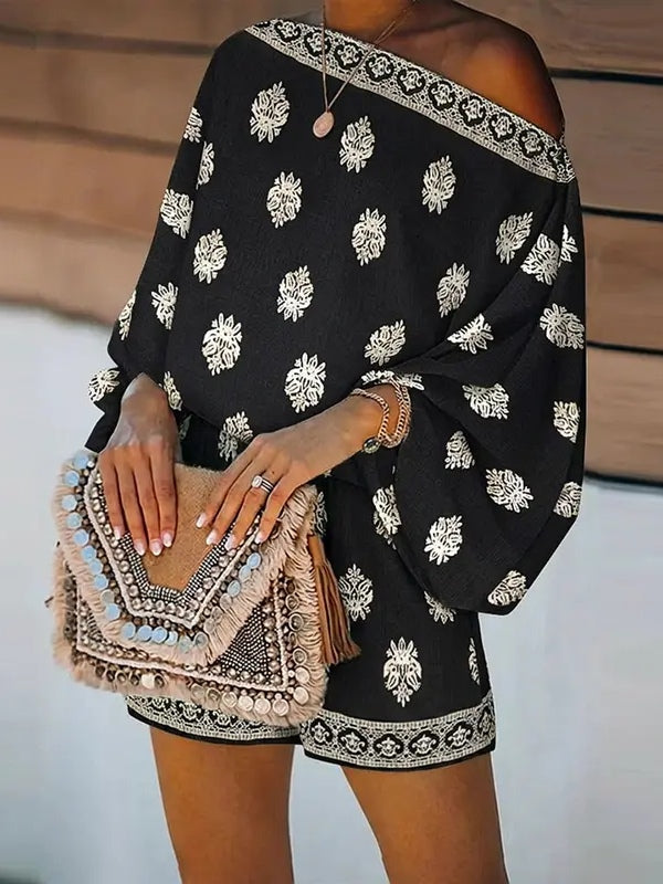 Jumpsuit con Maniche a Lanternino e Spalle Scoperte in Stampa Barocca