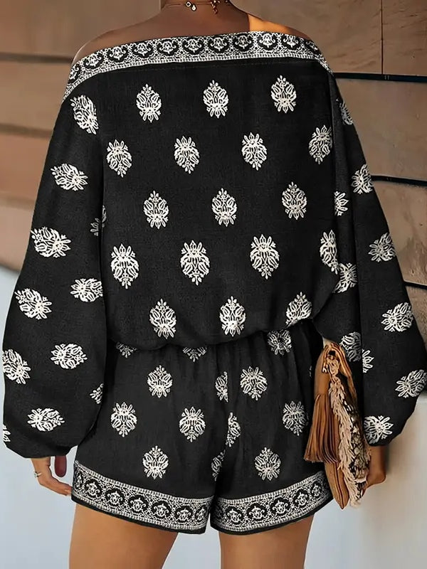 Jumpsuit con Maniche a Lanternino e Spalle Scoperte in Stampa Barocca