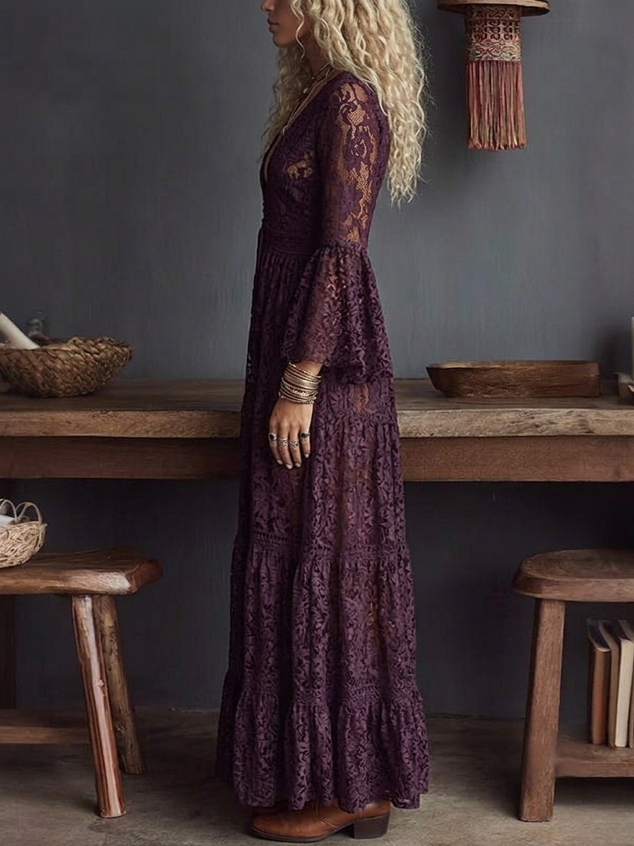 Abito Maxi Trasparente con Scollatura a V in Pizzo Viola