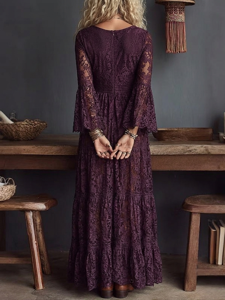 Abito Maxi Trasparente con Scollatura a V in Pizzo Viola