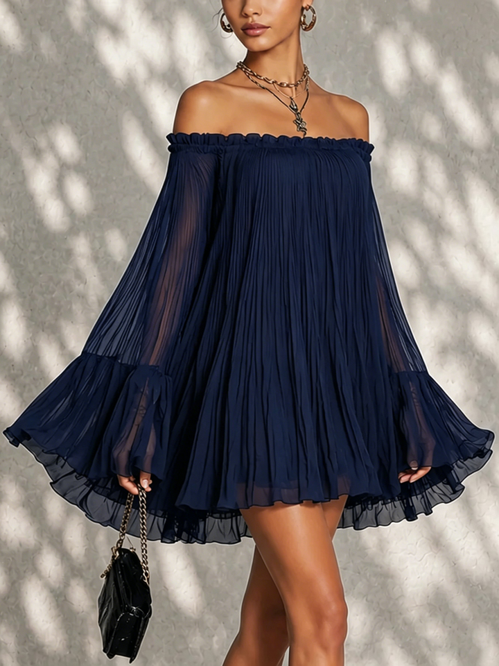 Mini abito a maniche a campana con rouches e spalle scoperte in blu navy