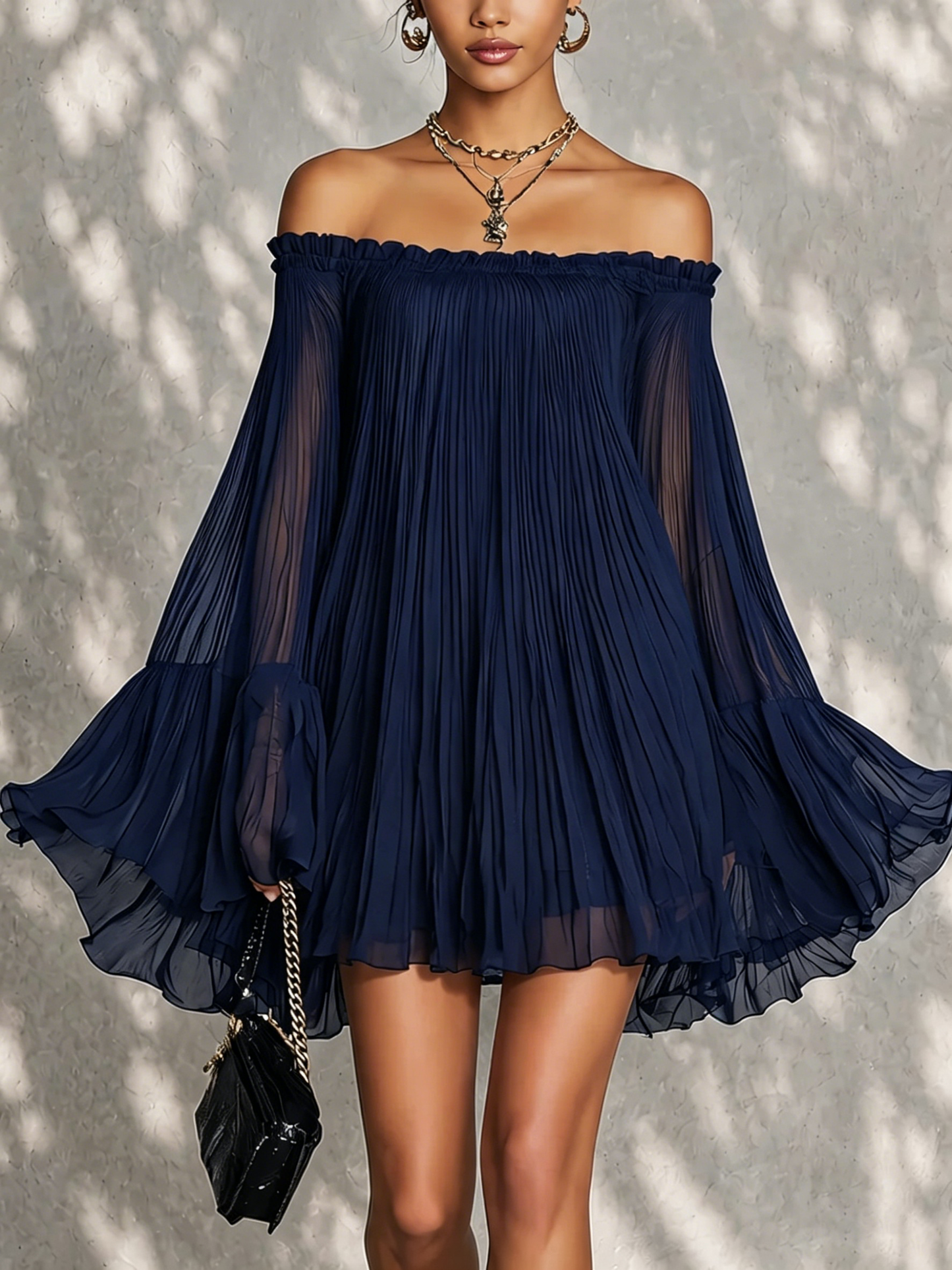 Abito Mini con Maniche a Campana e Rouches a Spalle Scoperte Blu Navy