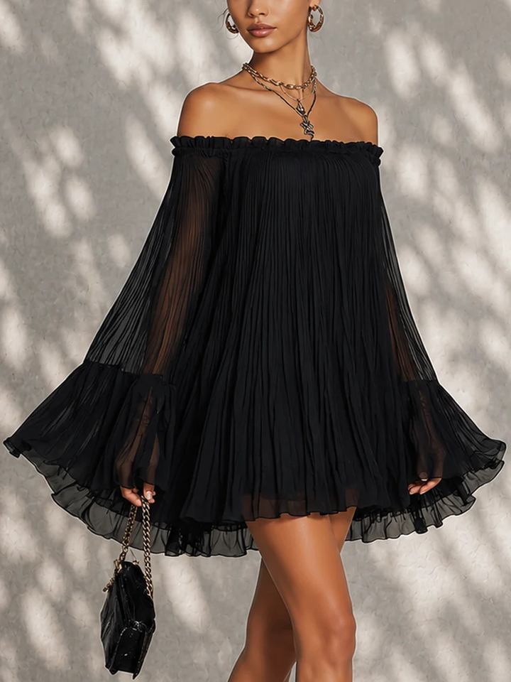 Abito Mini con Maniche a Campana Ruffle e Spalle Scoperte Nero