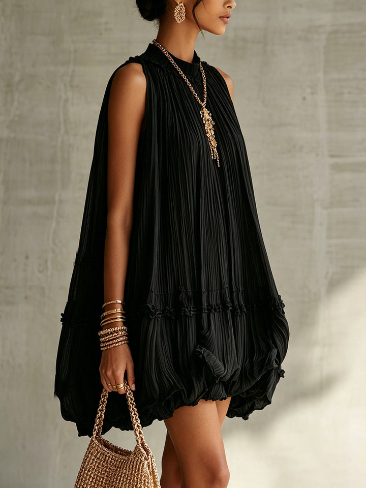 Abito Mini a Ruches in Chiffon Nero con Collo Halter