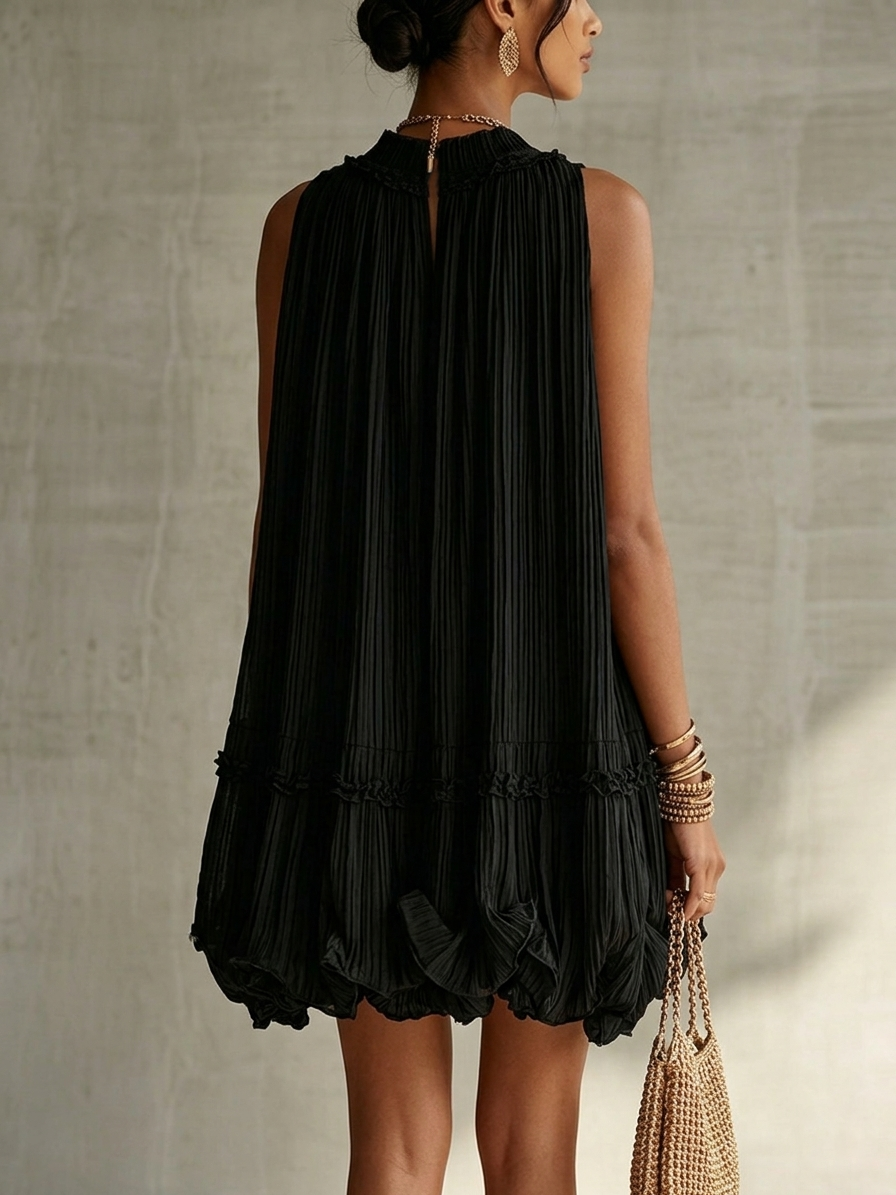 Abito Mini Bubble in Chiffon Nero con Scollo Halter e Rouches