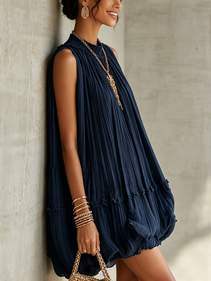 Abito Mini Bubble in Chiffon Ruffled con Scollo Halter Blu Navy