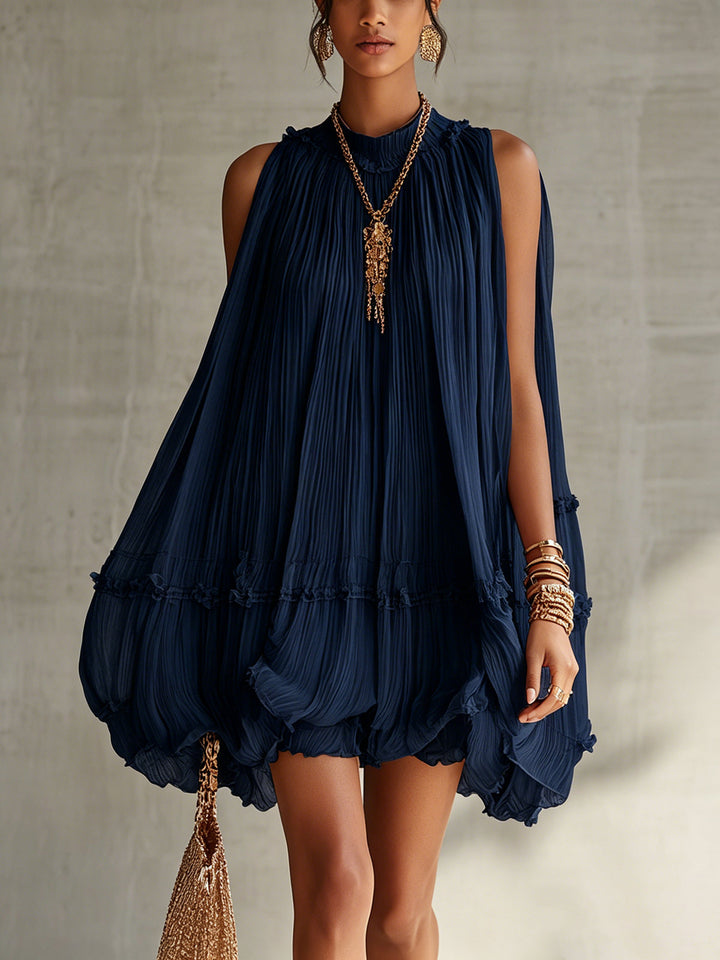 Abito Mini Bubble in Chiffon Ruffled con Scollo Halter Blu Navy