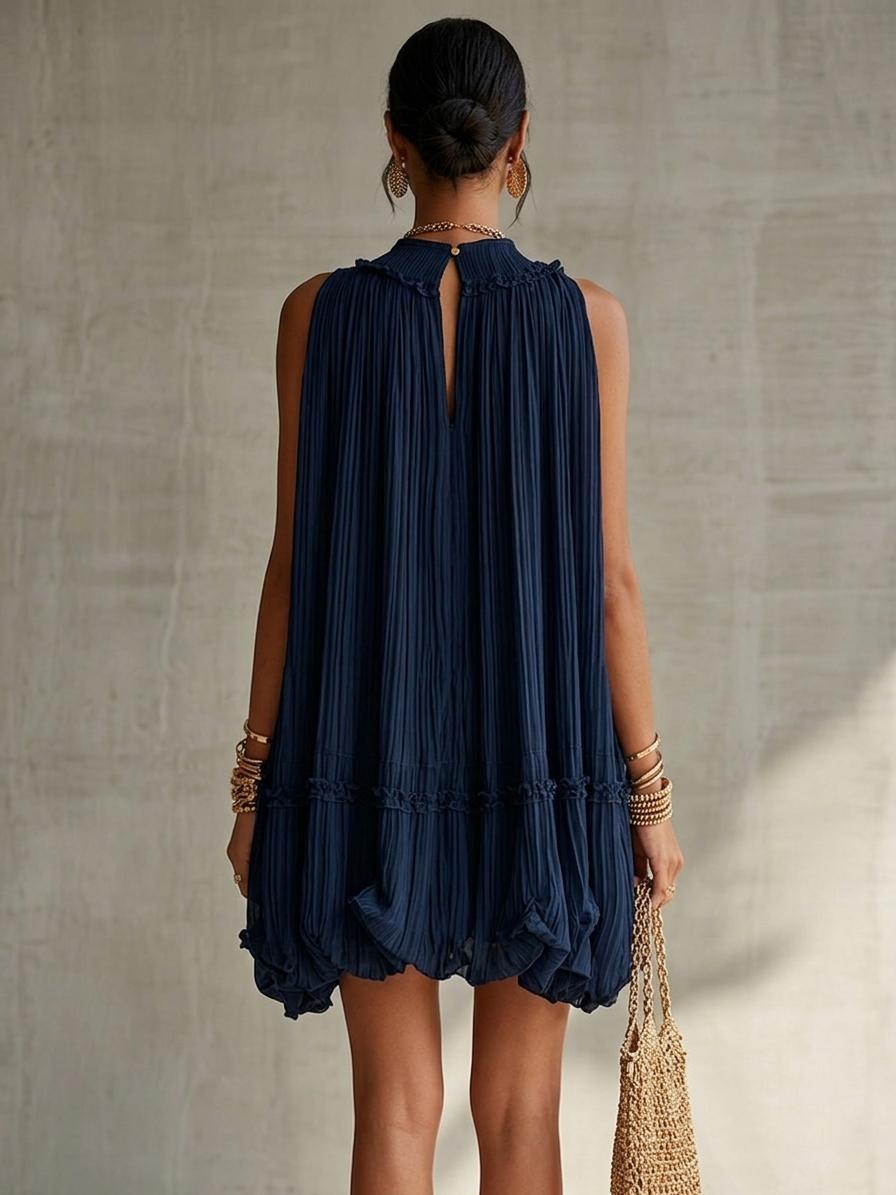 Abito Mini in Chiffon Ruffles con Scollo a Halter Blu Navy