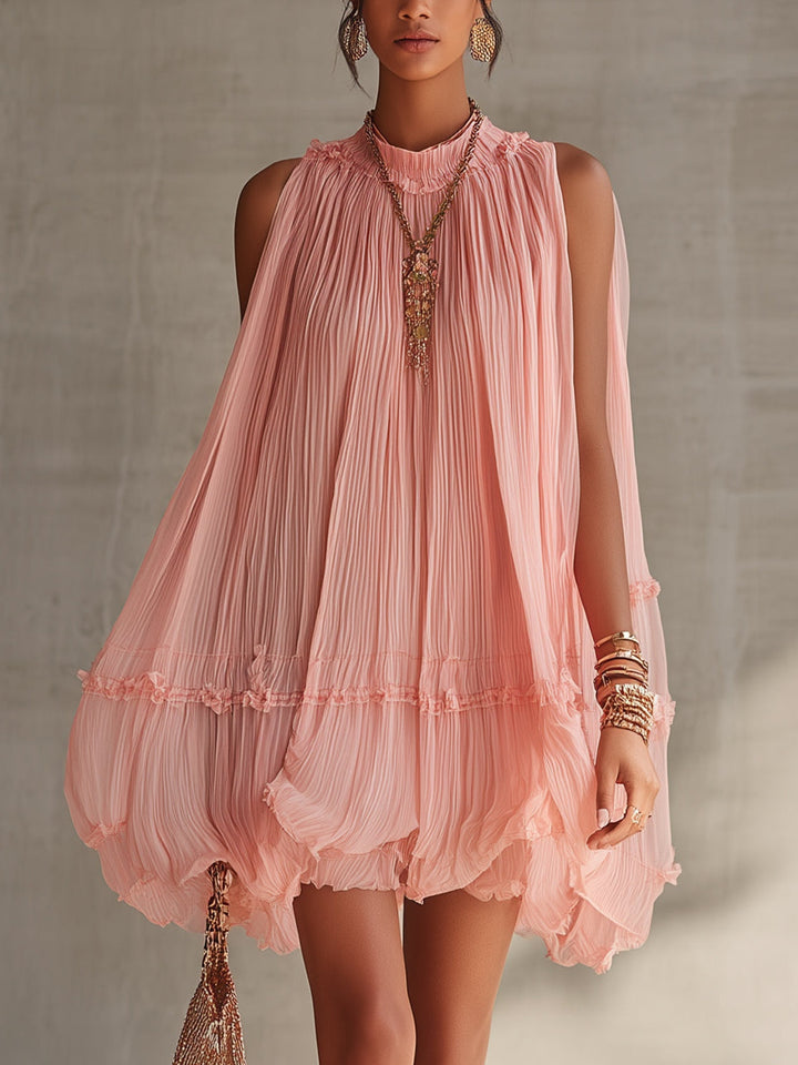 Abito Mini a Balze in Chiffon Rosa con Scollo Halter