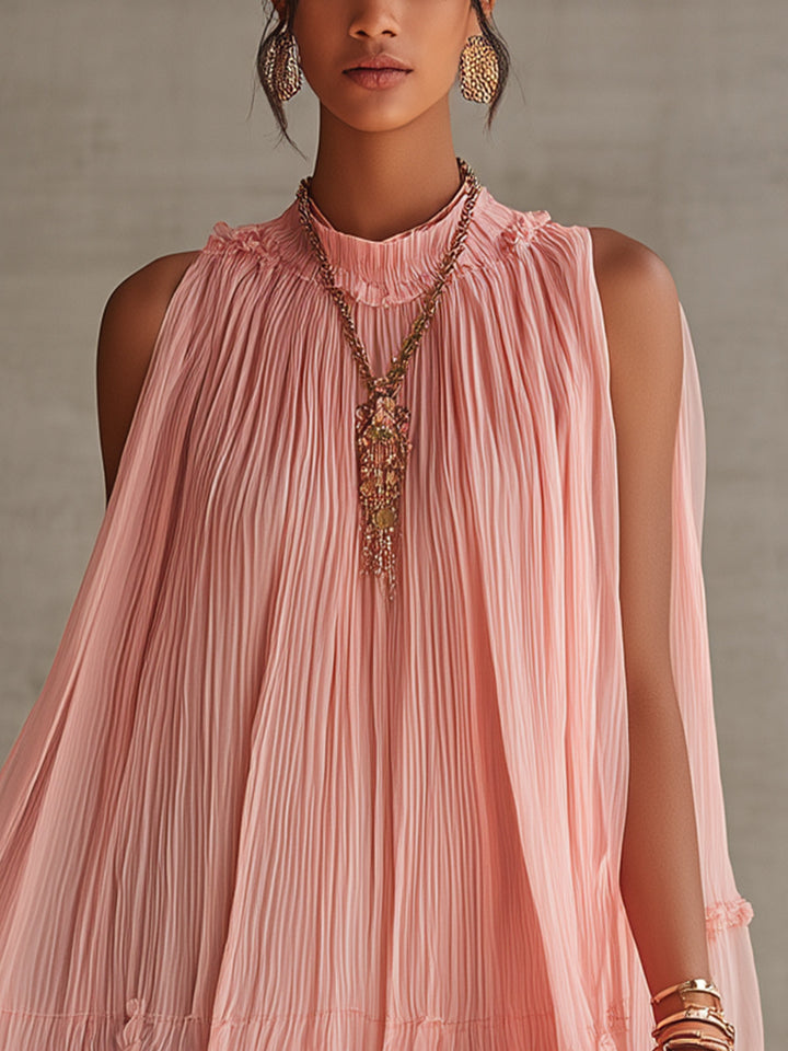 Abito Mini a Balze in Chiffon Rosa con Collo All'Americana