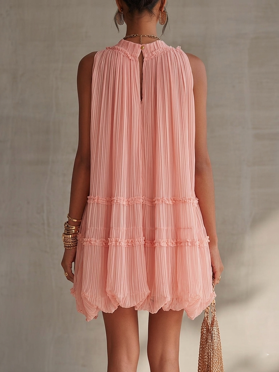 Abito Mini a Balze in Chiffon Rosa con Scollo Halter