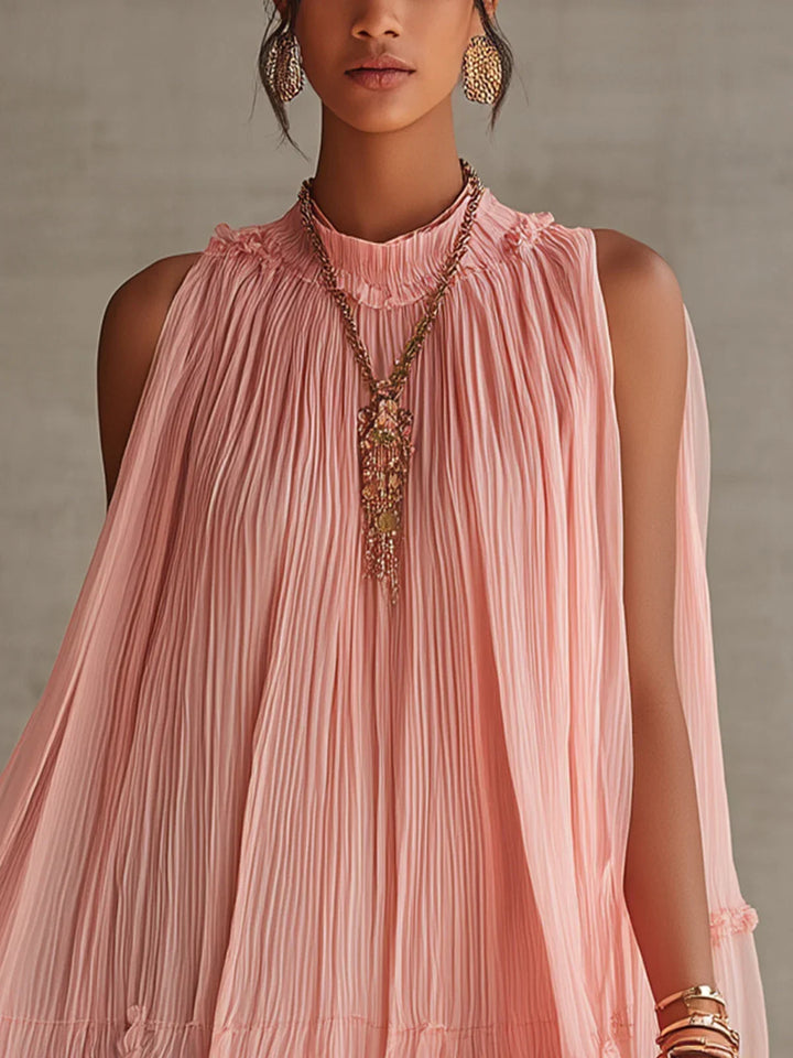 Magdalena Vestito Mini in Chiffon Rosa a Righe con Scollatura Halter