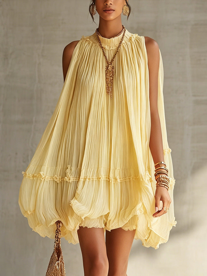 Abito Mini Bubble in Chiffon Giallo con Collo Halter e Volant