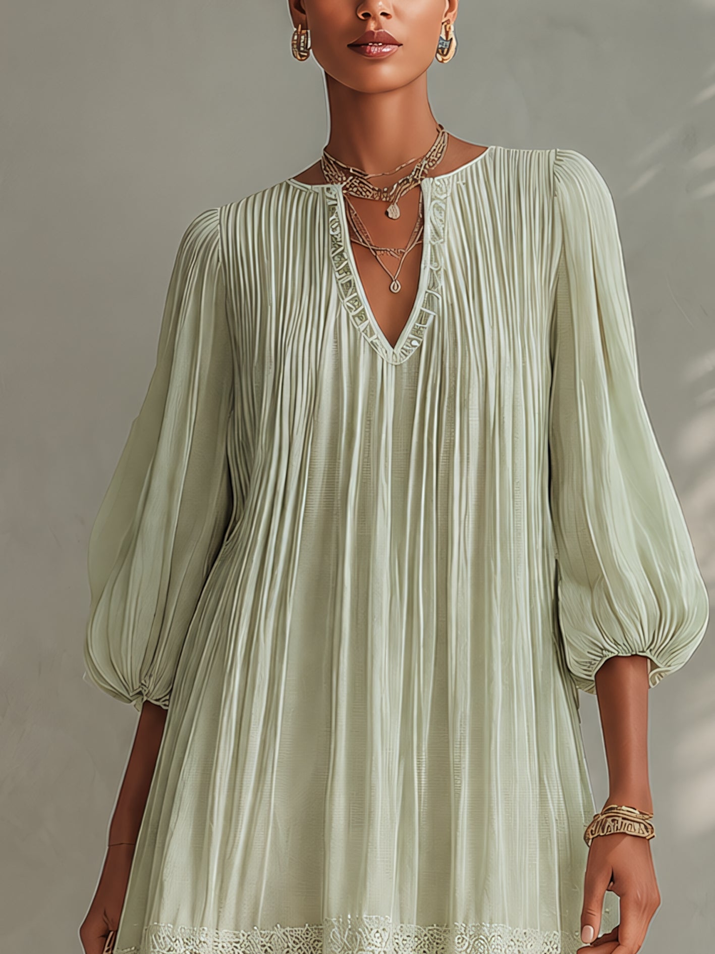 Abito Mini in Chiffon Pieghettato Verde Chiaro con Maniche a Lanterna in Pizzo