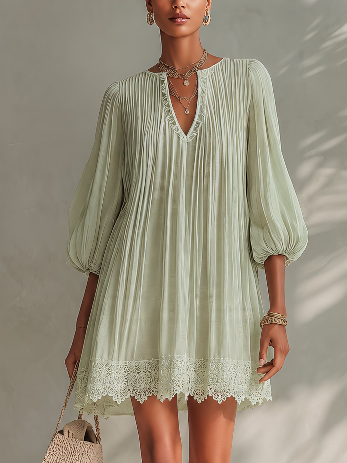Abito Mini in Chiffon Pieghettato Verde Chiaro con Maniche a Lanternino in Pizzo