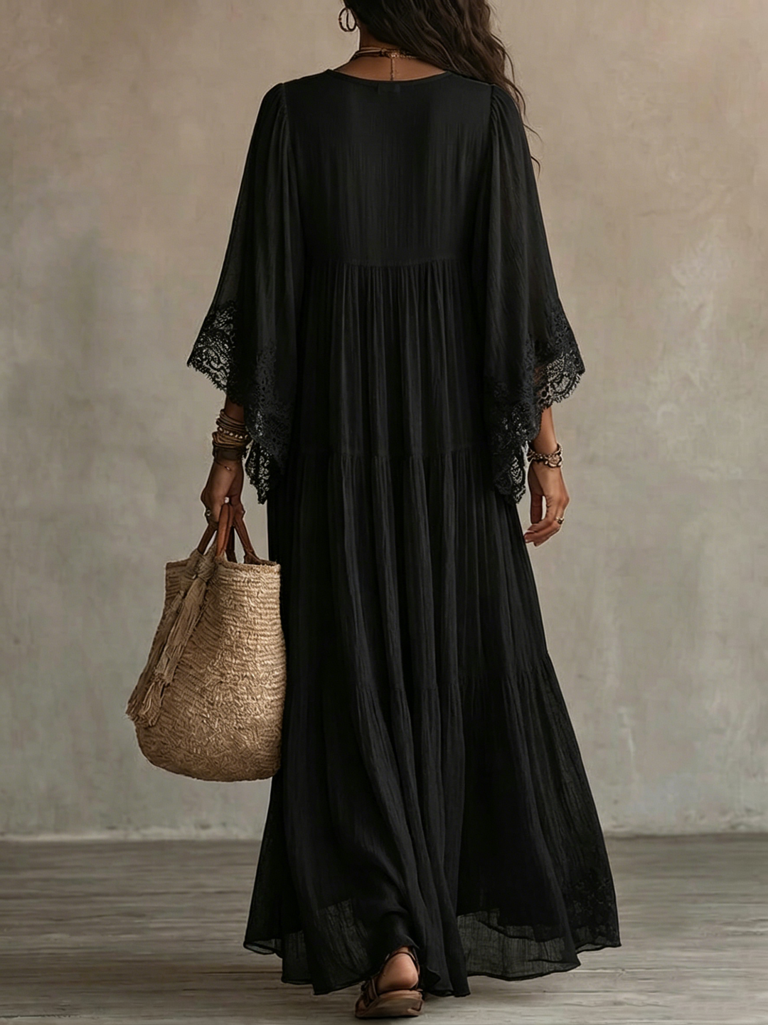Abito Maxi in Chiffon Nero con Scollo a V e Maniche a Pipistrello