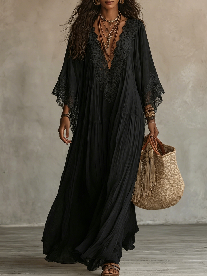 Abito Maxi in Chiffon Nero con Scollo a V e Maniche a Pipistrello