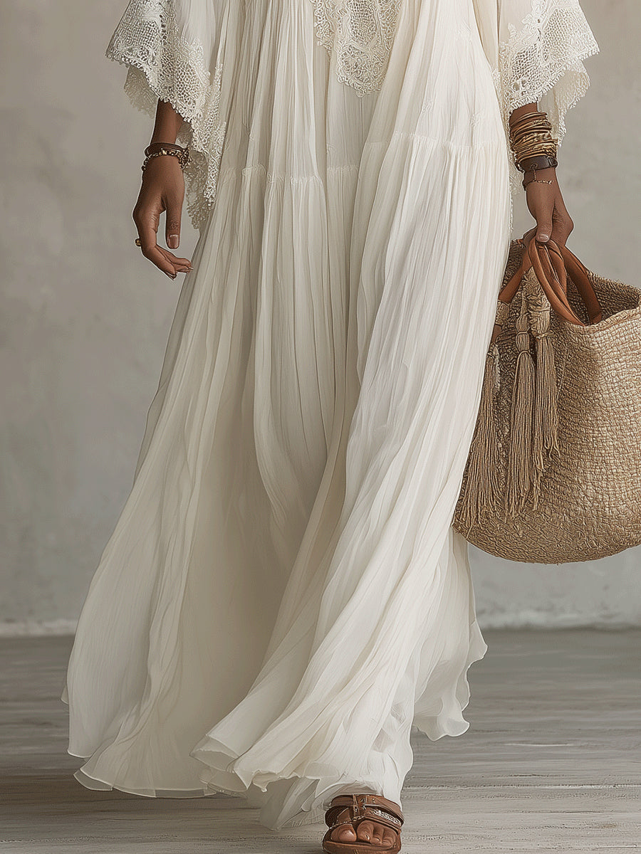 Abito Maxi in Chiffon Bianco con Scollo a V e Maniche a Pipistrello