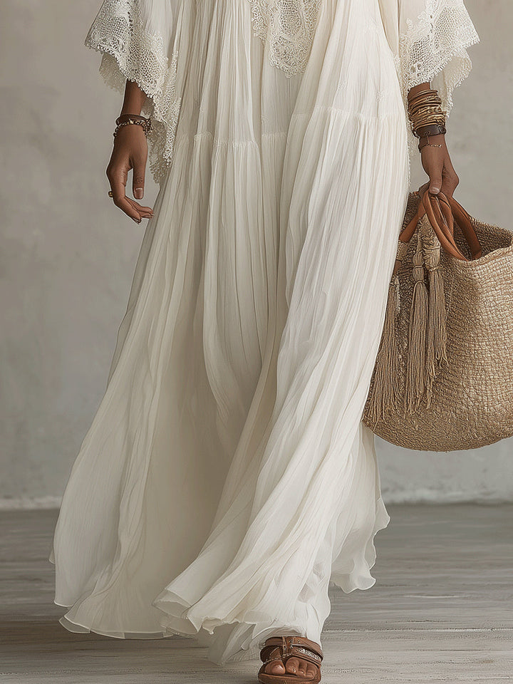 Abito Maxi in Chiffon Bianco con Scollo a V e Maniche a Pipistrello