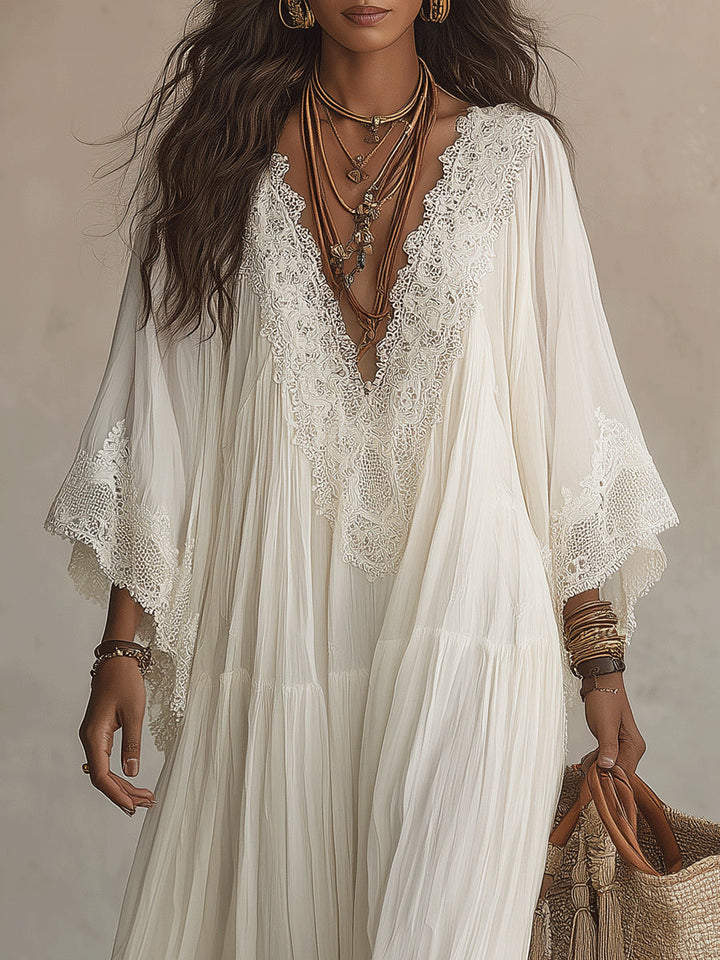 Abito Maxi in Chiffon Bianco con Maniche a Vento e Scollatura a V