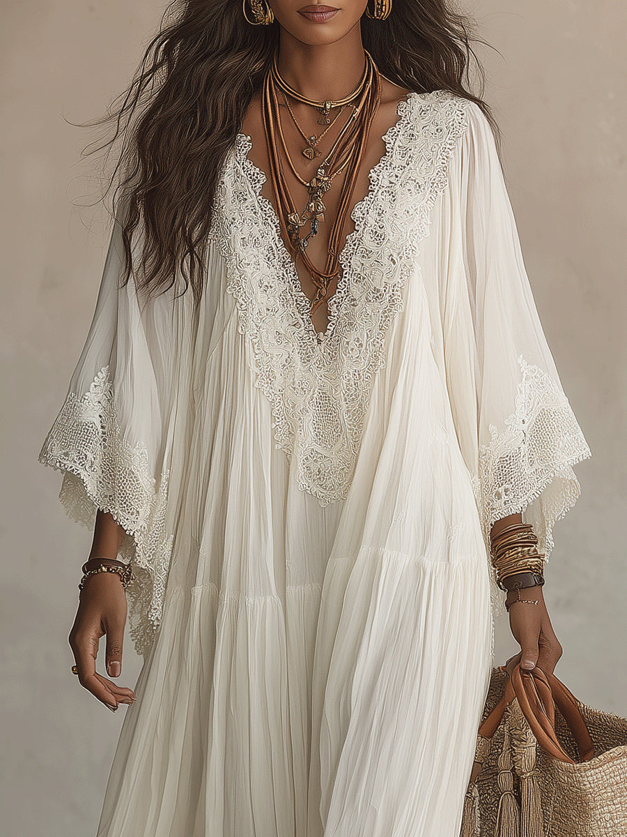 Abito Maxi in Chiffon Bianco con Scollo a V e Maniche a Pipistrello