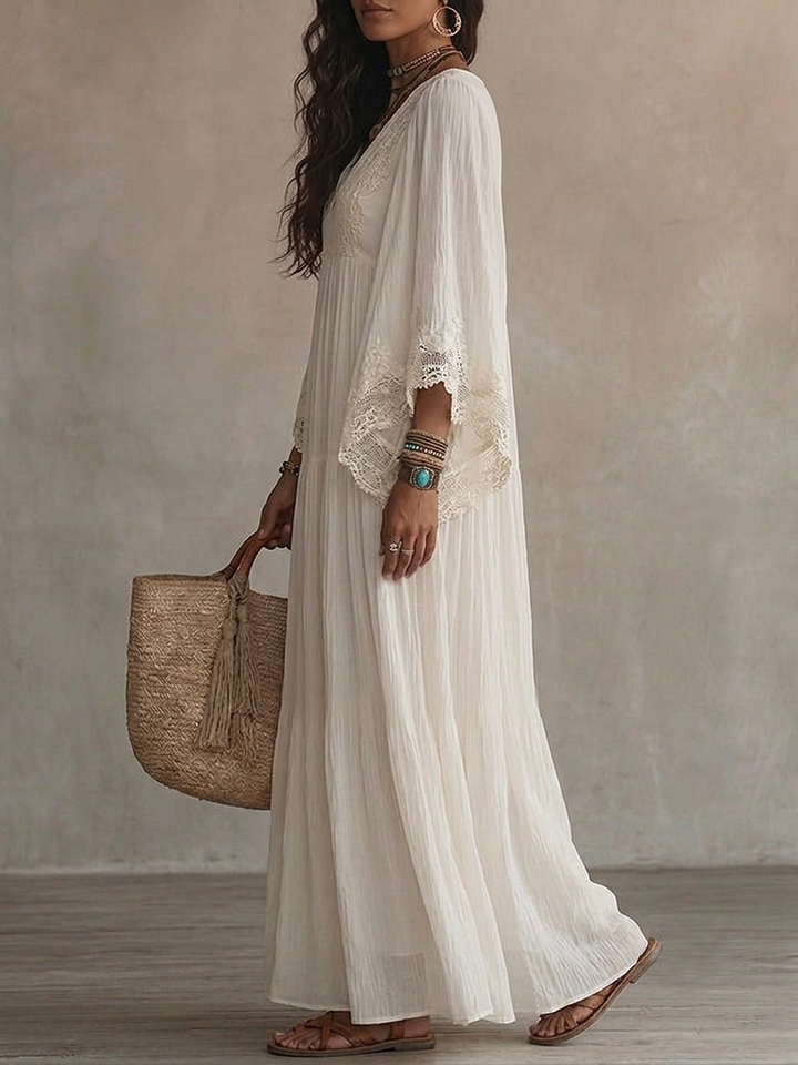 Abito Maxi in Chiffon Bianco con Scollo a V e Maniche a Pipistrello