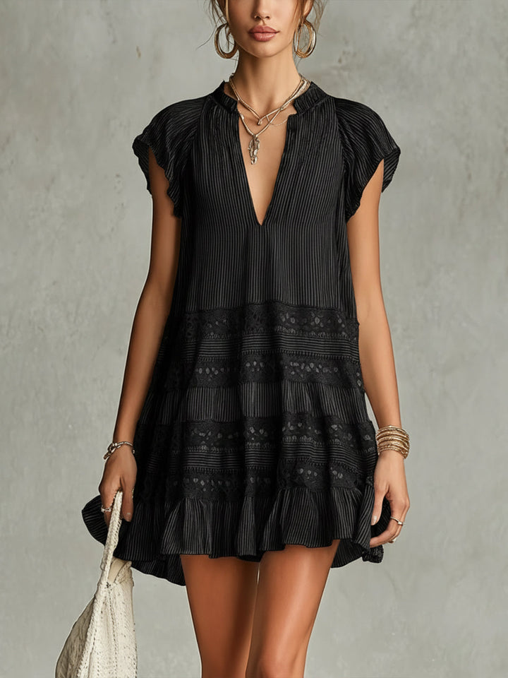 Abito Mini in Chiffon a Righe con Pizzo e Rouches