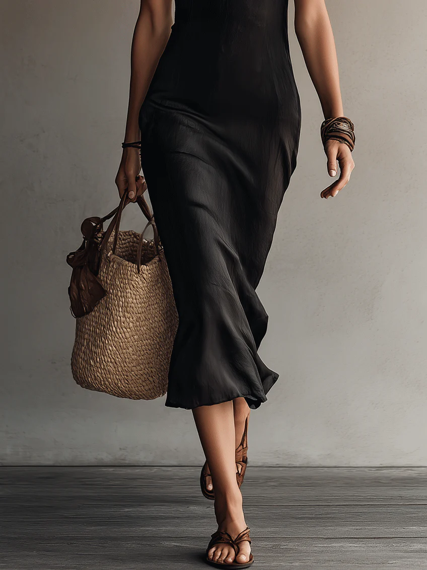 Abito Midi Senza Maniche in Pizzo Nero Bohemien