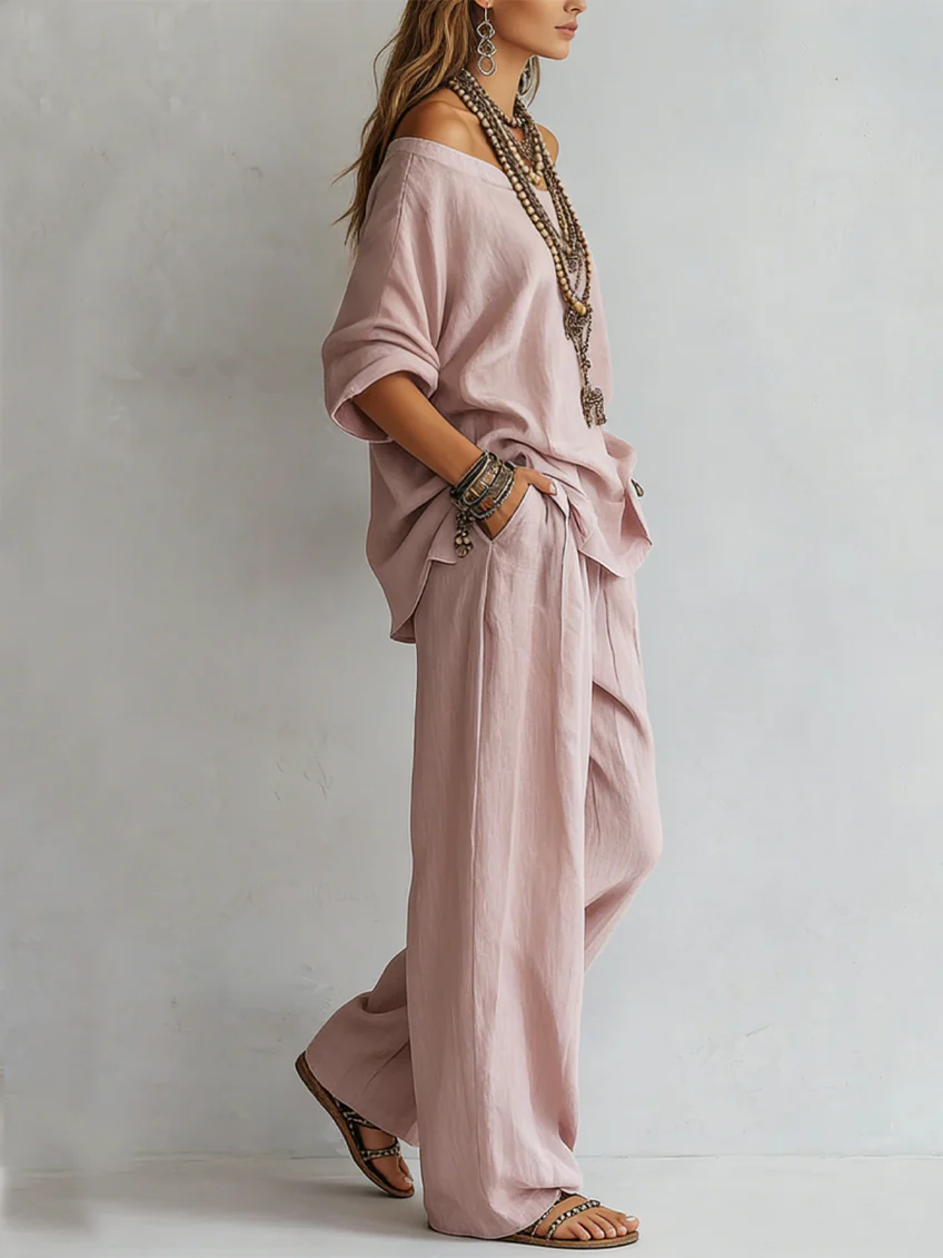 Completo Top Casual Off-Shoulder e Pantaloni a Gamba Larga