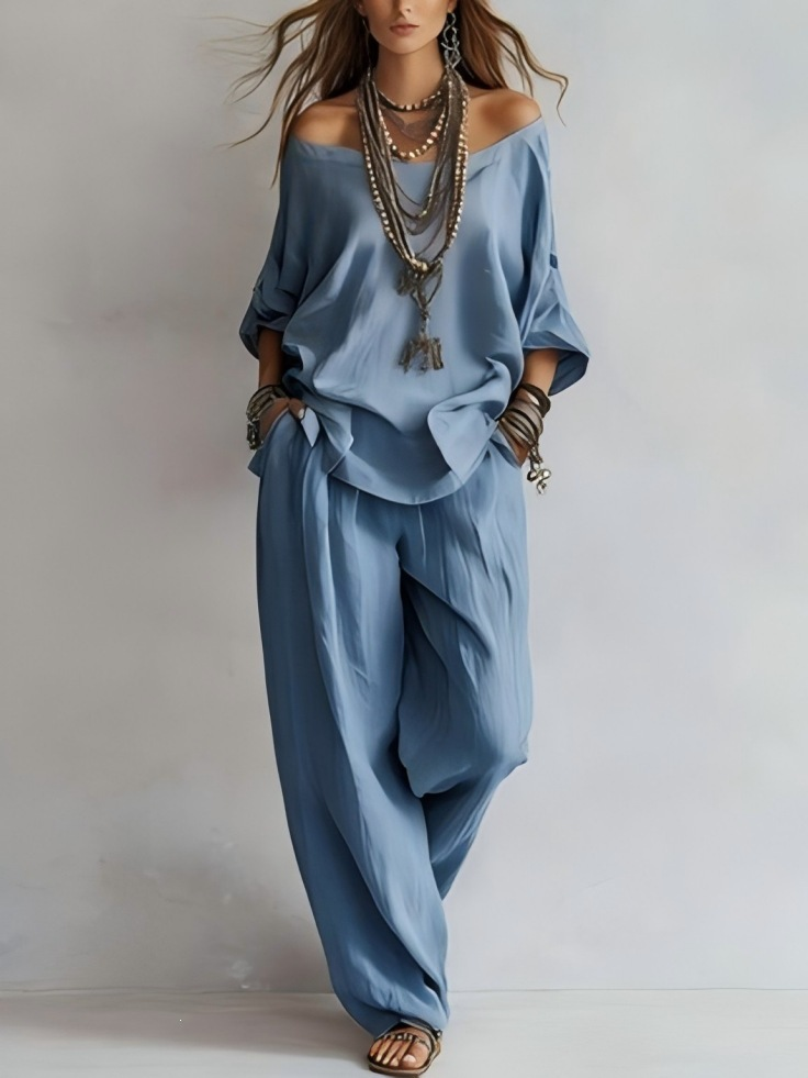 Completo Top Casual Off-Shoulder e Pantaloni a Gamba Larga