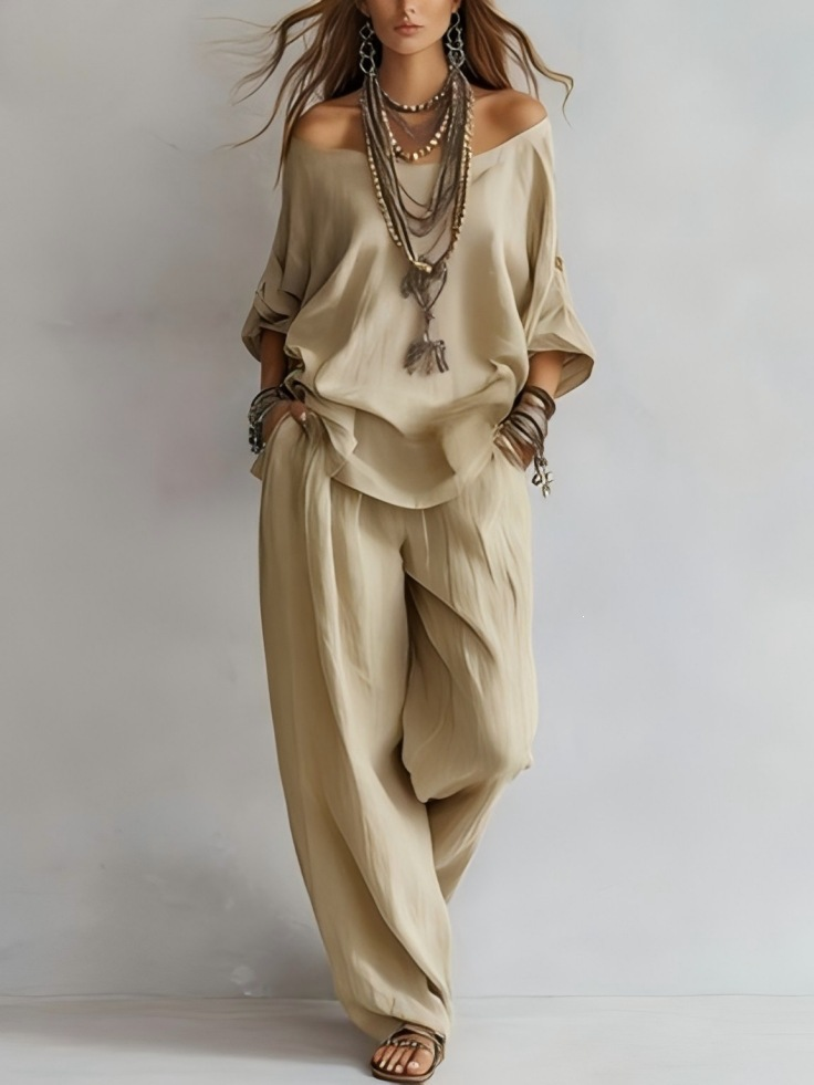Completo Top Casual Off-shoulder e Pantaloni a Gamba Larga