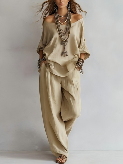 Completo Top Casual Off-shoulder e Pantaloni a Gamba Larga