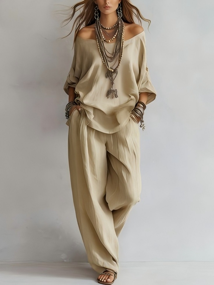 Completo Top Casual Off-shoulder e Pantaloni a Gamba Larga