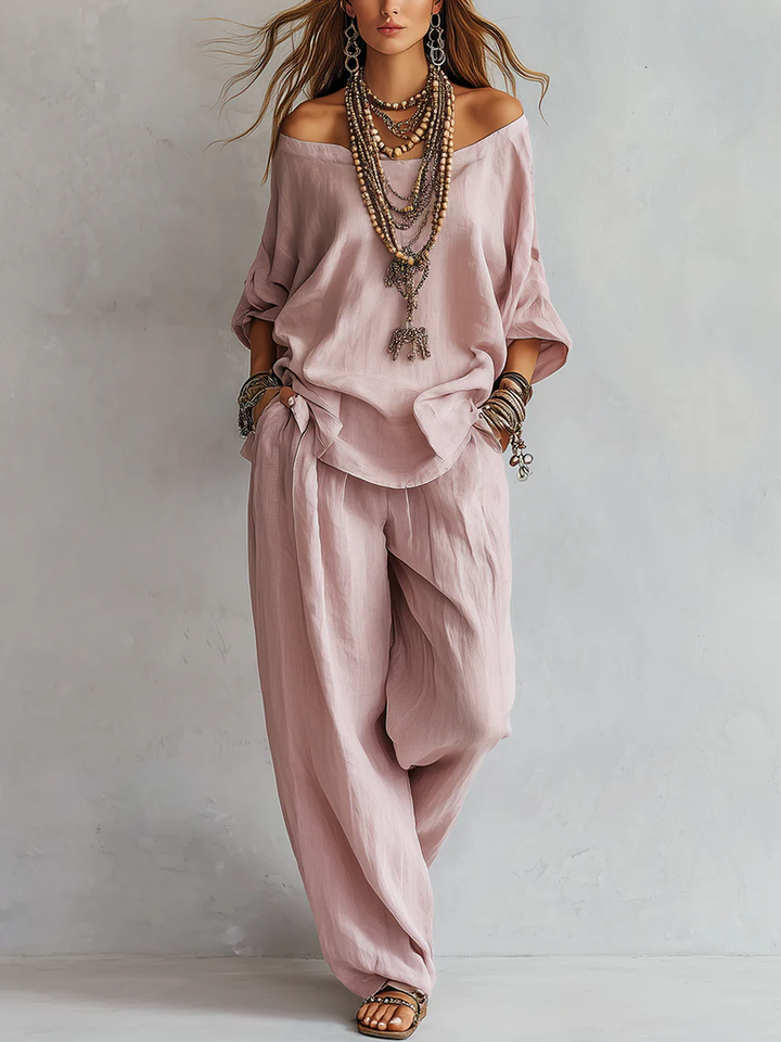 Completo Top Casual Off-shoulder e Pantaloni a Gamba Larga