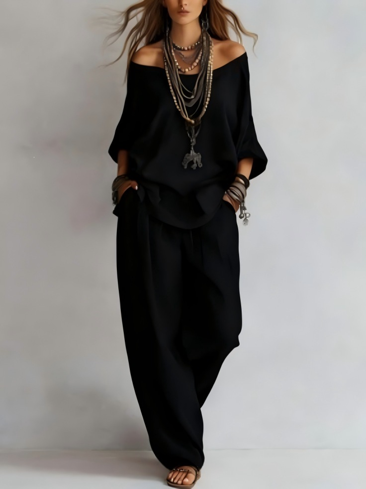 Completo Top Casual Off-Shoulder e Pantaloni a Gamba Larga