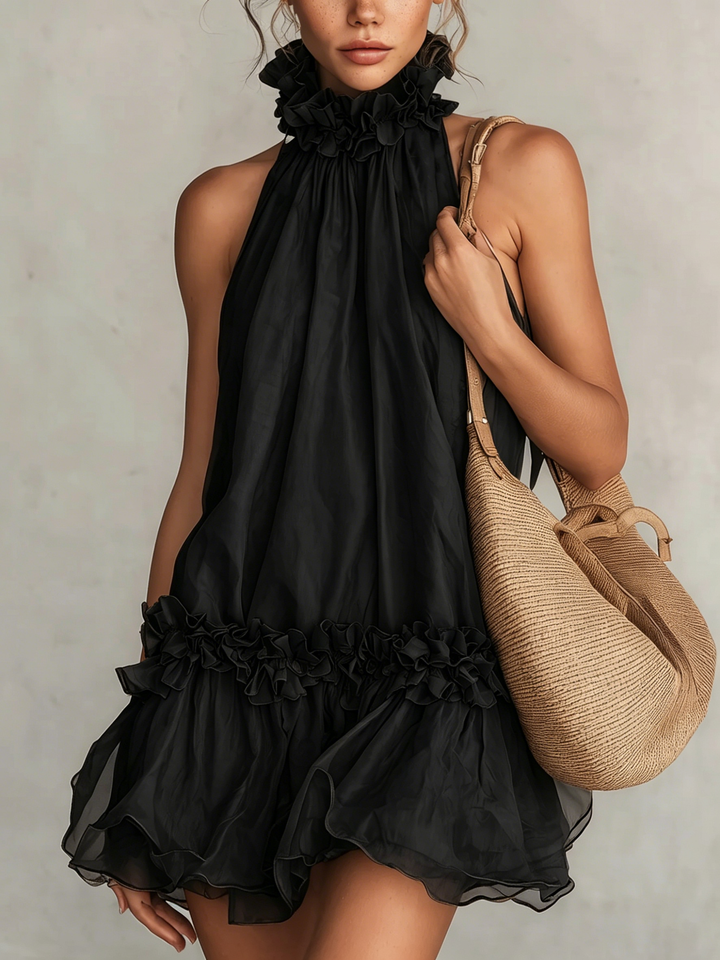 Abito Mini Senza Maniche in Chiffon Nero con Collo Halter e Volant