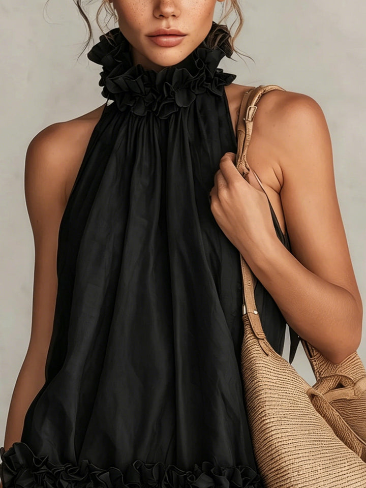 Abito Mini Senza Maniche in Chiffon Nero con Collo Halter e Volant