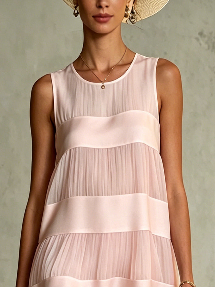 Abito Mini in Chiffon Pieghettato a Strati Color Rosa Chiaro