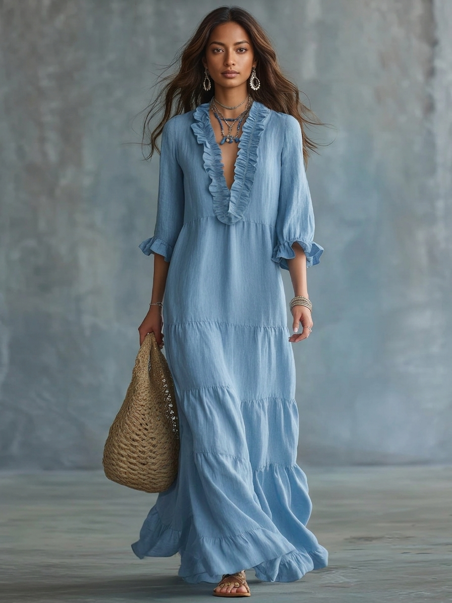 Abito Maxi Bohemien Ruffle Blu Cielo Morbido