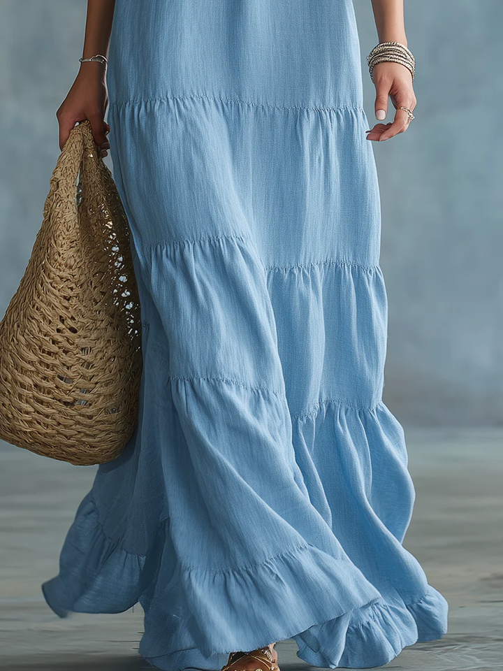 Abito Maxi Bohemien Ruffle Blu Cielo Morbido
