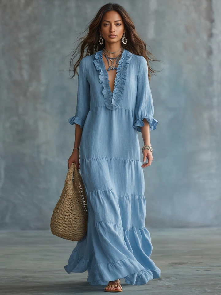 Abito Maxi Bohemien Ruffle Blu Cielo Morbido