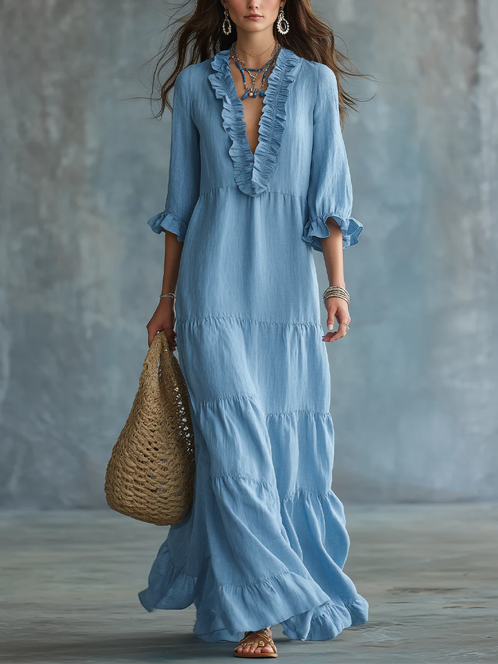 Abito Maxi Bohemien Ruffle Blu Cielo Morbido