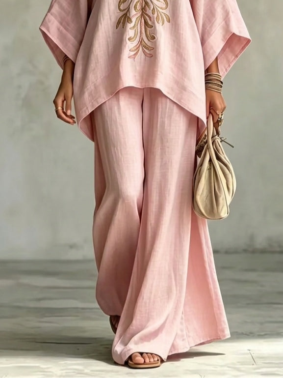 Set di Due Pezzi con Camicia a Maniche Batwing Ricamata e Pantaloni a Gamba Larga Rosa Chiaro